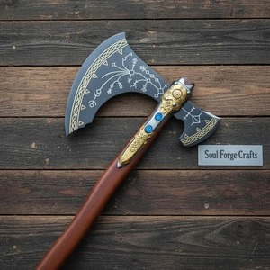 ขวานสองใบมีด งานฝีมือจาก Soul Forge หัวเหล็กตีขึ้นรูป ด้ามไม้ แกะสลักลายไวกิ้ง สไตล์หนวดเครา - Product Image 1