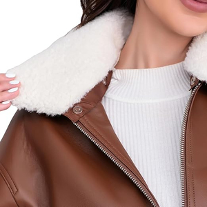 Women's Brown Genuine <b>Leather</b> Moto <b>Jacket</b> Full Sleeve Stand Collar Zipper Closure Autumn Style - Product Image 2