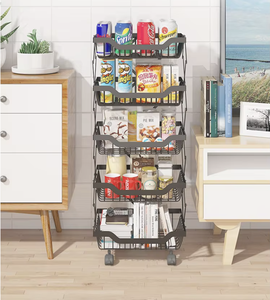 Five Tier Metal <b>Storage</b> <b>Rack</b> With Wheels For <b>Kitchen</b> Food Organization Durable Powder Coated Steel Standing Organizer - Product Image 3