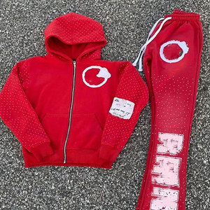 Ensemble de survêtement rose et noir à capuche pour homme, grande taille, 100 % coton, avec lettrage en strass, sweat-shirt à fermeture éclair intégrale et pantalon, style décontracté printemps - Product Image 5