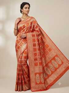 Traditional Indian BANARASI KATAN Silk <b>Saree</b> For Women <b>Orange</b> With Geometric Patterns Wedding Wear Floor Length Regular Fit - Product Image 4