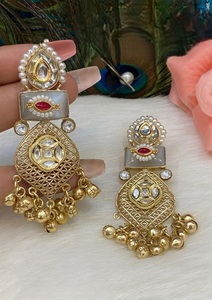 Stunning Premium Quality Gold Finish Kundan <b>Long</b> <b>Earrings</b> For Women & Girls Traditional Look Wedding Wear Collection - Product Image 3