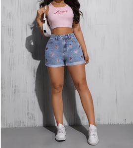 Shorts de Mezclilla de Cintura Alta para Mujer, Marca TRIBON SPORTS, Ajustados, de Secado Rápido, con Bordado de Estrellas, Lavado a la Piedra, Casuales, de Verano, Alta Calidad - Product Image 1