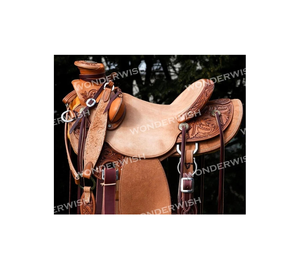 Silla de montar western DD de cuero marrón rugoso con diseño floral grabado a mano, asiento rígido y juego de arreos, de 10 a 18 pulgadas - Product Image 2