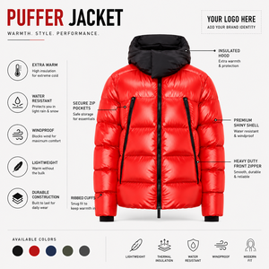 Men's <b>Red</b> Hooded Down Puffer <b>Jacket</b> With Zipper Closure Casual Winter Coat Thick Windproof Nylon Shell Wholesale Rate - Product Image 5
