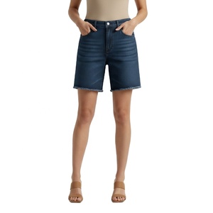 High Waisted Dark Blue Denim Shorts for Women with Frayed Raw Hem Relaxed Fit Mid <b>Thigh</b> Summer Jean Shorts - Product Image 3