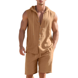 Men's 2 Piece <b>Linen</b> Outfit Sleeveless Hooded Button Shirt and Loose Straight <b>Shorts</b> for Everyday Wear - Product Image 2