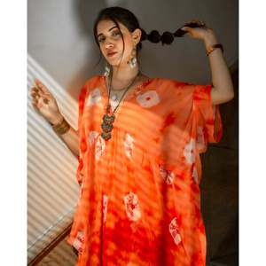 Vestido Kaftán Clásico con Estampado Tie-Dye Naranja, Transpirable y de Silueta Holgada, Talla XS, Estilo Simple para el Tiempo Libre - Product Image 4