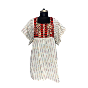 Robe courte bohème en coton et lin pour femme, imprimé Ikat, brodée, coupe ample, tunique artisanale pour l'été et la plage - Product Image 1