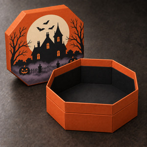 Boîte cadeau rigide octogonale personnalisée pour Halloween avec couvercle, emballage imprimé maison hantée pour bonbons et cadeaux - Product Image 3