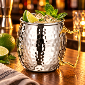Taza Moscow Mule de Acero Inoxidable, Martillada, Redonda, con Asa Dorada, 16 oz, para Cócteles, Fiestas y Bares - Product Image 5