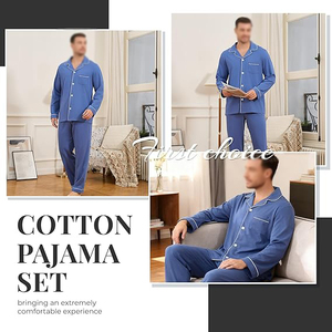 Blue Long Sleeve <b>Pajamas</b> <b>Set</b> Solid Color Cotton Knitted Casual Sleepwear with Pocket Autumn Wear - Product Image 3