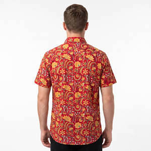เสื้อเชิ้ตลำลองแขนสั้นพิมพ์ลายดอกไม้สีแดงสำหรับผู้ชายคอปกผ้าฝ้ายสำหรับฤดูร้อน - Product Image 2