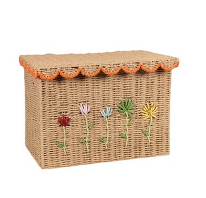 Handcrafted Rectangular Seagrass Basket Hinged Lid Cute Embroidered Flower <b>Storage</b> <b>Trunk</b> Decorative Wicker <b>Box</b> with Orange Trim - Product Image 3
