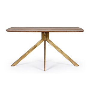 Table de salle à manger moderne pour la maison, couleur noyer, en bois de manguier massif, plateau incurvé, base en métal finition dorée, 6-8 places, cuisine, salle à manger - Product Image 2
