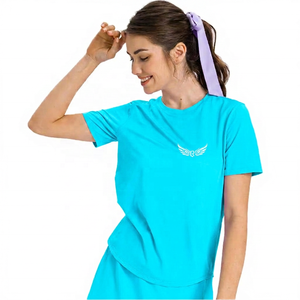 Crew Neck Short Sleeve <b>T</b>-<b>Shirt</b> Women Embroidery Logo Front Breathable Cotton Crop Top Regular Fit Solid Color <b>Yoga</b> Top - Product Image 2