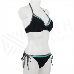 Ensemble bikini noir pour femme avec haut dos nu à bordure contrastante vert sarcelle et bas à nouer sur les côtés - Product Image 3