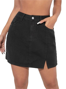 Mini-jupe décontractée en jean pour femme, taille régulière, avec ceinture, coupe droite ajustée, longueur genou, style streetwear estival, en coton, imprimé brodé - Product Image 6