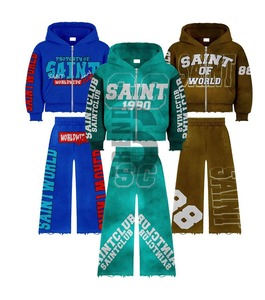 Custom Breathable Acid Wash Tracksuit Cotton Jogging Suit Embroidery Sweat Suit Flared Sweatpants Hoodies <b>Set</b> Distressed - Product Image 1