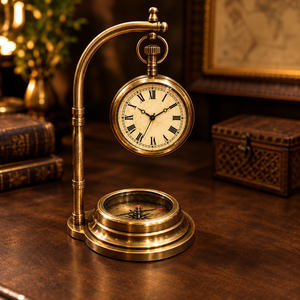 Horloge de bureau nautique vintage en laiton avec boussole, horloge de table maritime antique, support incurvé, cadran à chiffres romains, luxe exécutif - Product Image 1
