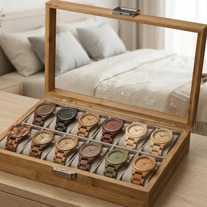 Boîte de rangement pour montres en bambou avec couvercle en verre, 12 emplacements, écologique, durable, boîte de rangement de luxe, décoration moderne pour la maison, cadeau pour homme - Product Image 5