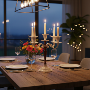 Nouveauté : Candelabre décoratif de table blanc à 5 bras avec tige marron, centre de table de mariage, porte-bougie artisanal - Product Image 2