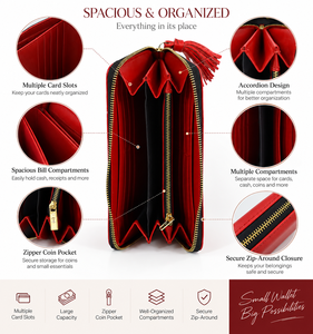 Red Genuine Leather England Style <b>Ladies</b> Long <b>Wallet</b> Zipper Clutch Purse Tassel Coin Holder Polyester High Quality Large - Product Image 4
