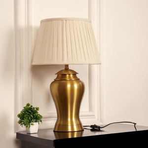 Modern Brass Finish Table Lamp Pleated Beige Shade Decorative Bedside <b>Desk</b> Light for Bedroom Living <b>Room</b> - Product Image 1