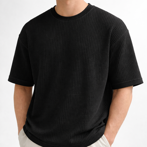 T-shirt thermique pour homme, nouveau design, col rond, coupe ample, respirant, personnalisé, gris chiné, double couture, tricot gaufré - Product Image 6