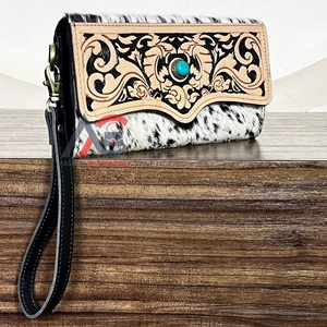 2026 Wholesale New Arrival Hand Tooled Carved Leather Clutch for Women <b>Genuine</b> Cow Leather With Turquoise Concho wristlet Wallet - Product Image 1