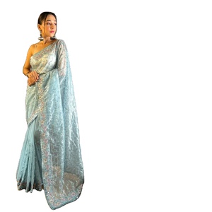 FATEMA FASHION Sari de malla de sarga pesada de lujo para mujer, el más hermoso, con bordado completo y detalles de diamantes en el borde, sin coser, con estampado digital de alta calidad. - Product Image 1