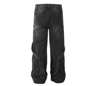 Pantalones Vaqueros Cargo para Hombre, Cintura Alta, Corte Holgado, Lavado Desgastado, Azul, Algodón, Estilo Casual Urbano, Otoño, Pierna Ancha - Product Image 3