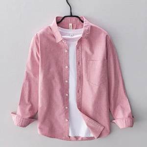 Chemise décontractée rose à manches longues pour homme, couleur unie, col rabattu, 100 % lin popeline, respirante, idéale pour l'été - Product Image 1