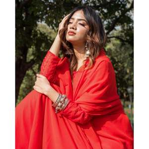 Ensemble Anarkali en Chiffon Rouge Royal à Manches Longues avec Ornements en Paillettes Taille XS - Product Image 6