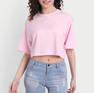 Camisetas 100% algodón al por mayor, camisetas lisas con hombros caídos, cuello redondo, estilo oversized y corto para mujer - Product Image 3