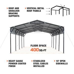 Carport in Alluminio 20FT X 20FT con Pareti Laterali Aperte da 10FT e Pannelli Ondulati 27 GA per Auto e Parcheggi - Product Image 5