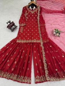 New Arrival Designer Chinon Silk Sharara Set Soft Butterfly Net Dupatta With 4 Side Lace Border Traditional Festive Wear - Product Image 6