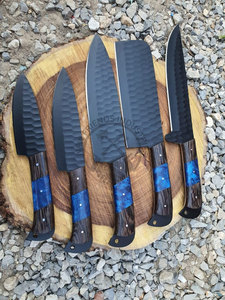 New Design Custom Handmade <b>Sharp</b> Chef <b>Knives</b> J2 Steel Powder Coated Hammered Blade 5-Piece Kitchen <b>Knife</b> <b>Set</b> W/Resinwood Handle - Product Image 1
