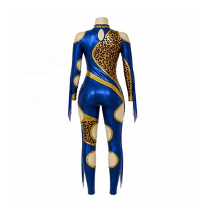 Costume de scène personnalisé pour homme, motif léopard bleu, combinaison intégrale avec franges dorées, tenue de performance légère - Product Image 2