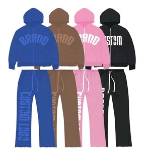 Último diseño chándal personalizado 500 GSM peso pesado puff estampado sudadera distress Flare pantalones de chándal y Sudadera con capucha conjuntos hombres chándal - Product Image 3