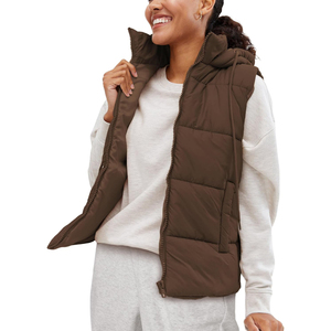 Women's <b>Hooded</b> Puffer Vest Solid Color Zipper Closure Casual Outerwear Windproof Polyester Filling Front Pocket Regular Length - Product Image 6