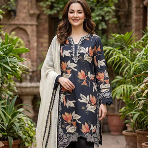 Présentation de la nouvelle tenue pakistanaise de créateur pour la saison estivale, avec haut brodé, pantalon palazzo et dupatta. - Product Image 1
