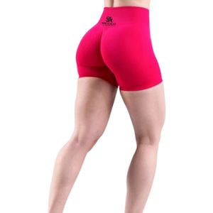 กางเกงขาสั้นออกกำลังกายสีชมพูสำหรับผู้หญิง เอวสูง ยืดหยุ่นได้ เหมาะสำหรับฟิตเนส วิ่ง โยคะ ออกกำลังกาย กีฬา ชุดกีฬา ชุดออกกำลังกาย - Product Image 4