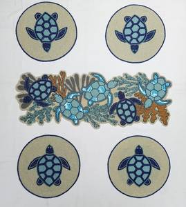 Embroidered Cotton <b>Table</b> <b>Runner</b> Sea Turtle Pattern Rustic Style Home Decor <b>Blue</b> Beige - Product Image 2