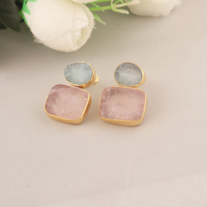 Aquamarine and Rose Quartz Drop <b>Earrings</b> 18K Gold Plated Brass Engagement Jewelry Unique Trendy Minimalist Fancy Design - Product Image 2