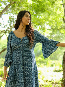 Indigo Hand-Block Printed Cotton <b>Maxi</b> Dress with Flare Bell Sleeves Casual Bohemian Summer Long One Piece Gown for Women - Product Image 2
