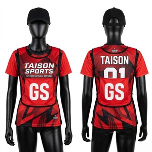 Maillot de netball en polyester interlock premium 240g, rouge et noir, avec impression par transfert thermique personnalisée, design à panneaux, respirant, pour le sport - Product Image 1