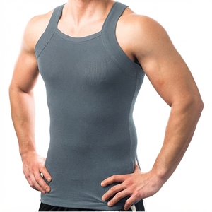 Camiseta sin mangas negra acanalada para hombre, cuello redondo, color sólido, transpirable, estilo casual - Product Image 2