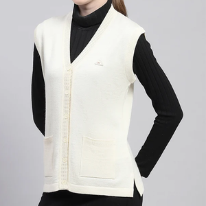 Gilet en tricot sans manches pour femme, col en V, avec poches, couleur unie, décontracté, pour l'automne, 100% acrylique, simple boutonnage - Product Image 3