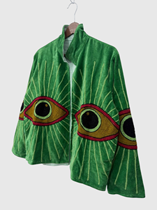 Blouson en velours vert brodé motif œil, col roulé, manches chauve-souris, grande taille, pour femme, collection automne - Product Image 3
